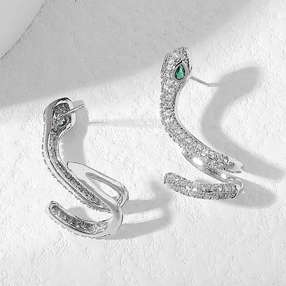 White Gold Snake Zircon Earrings Creative Design Trendy - Picture 3 of 4